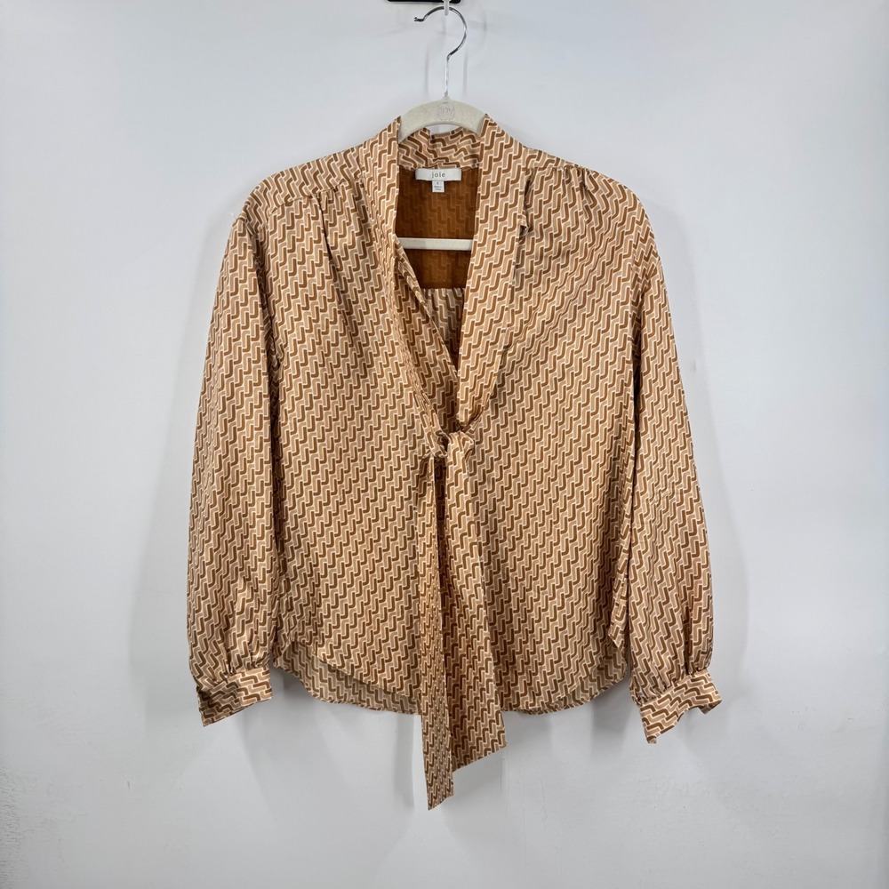 Joie 100% Silk Tie Neck Blouse Tan Cream Geometric Print Small Old Money Neutral